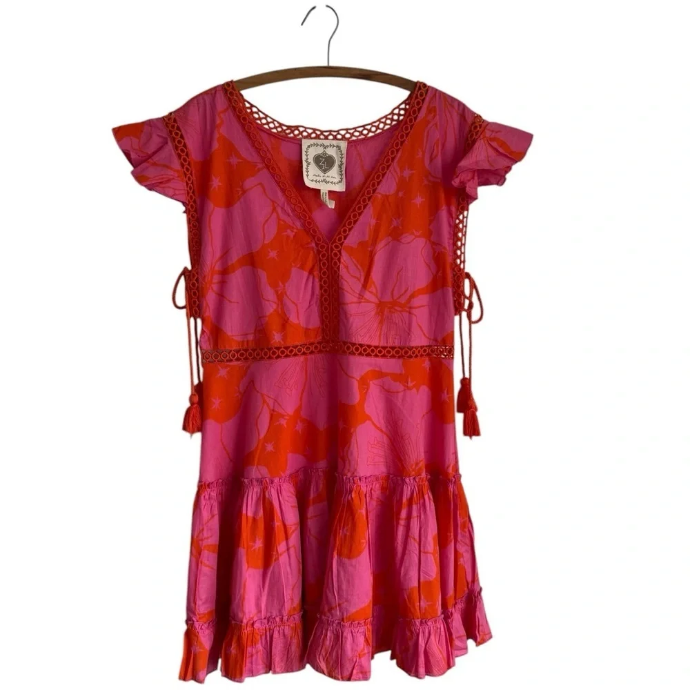 Z + L Bright Floral Made In India Cotton Crochet Detail Dress Size Large - Picture 1 of 11